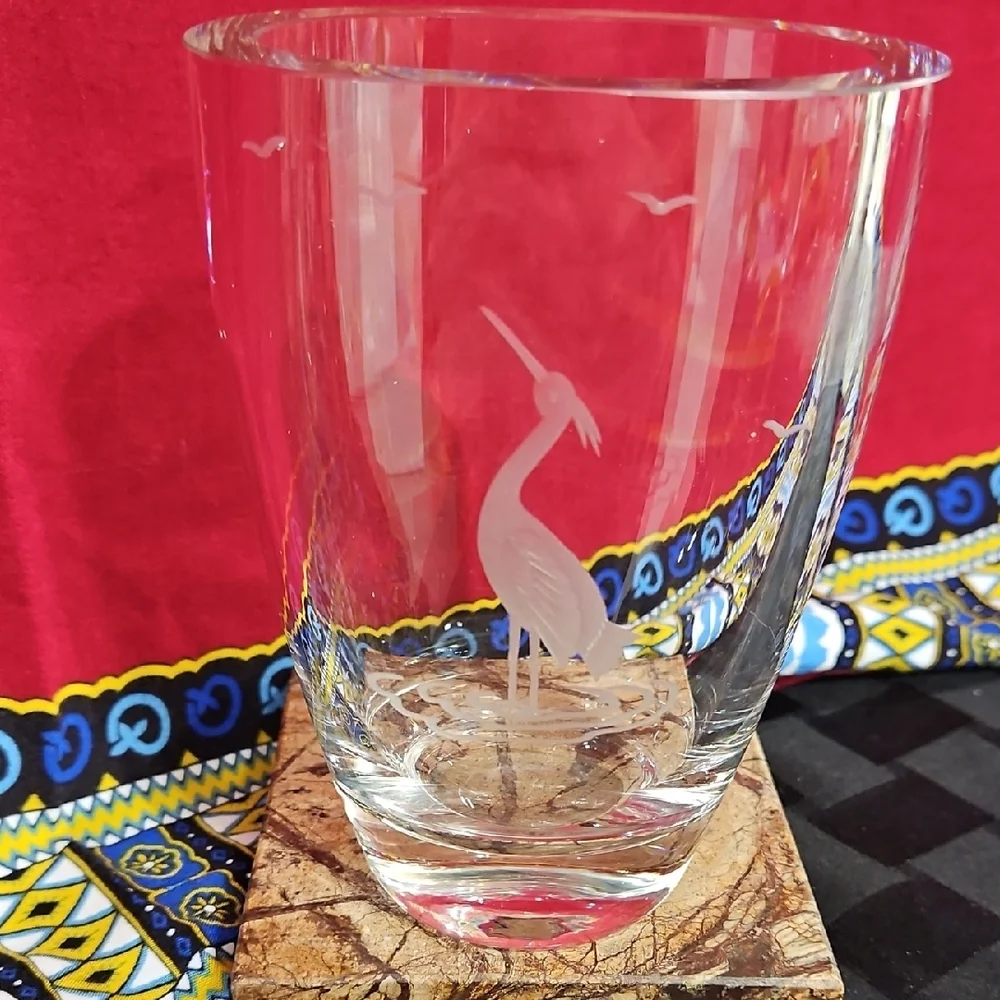 Heavy VTG Scandinavian Handblown Cut Glass Vase with Crane, Heron Egret Etching